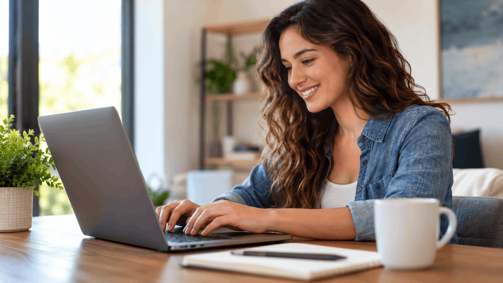 Smiling woman typing on laptop at wooden desk with coffee mug nearby