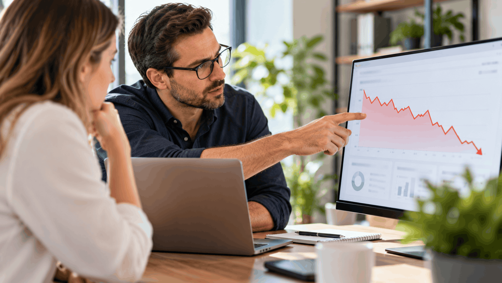 Two professionals analyzing a declining red line graph on a monitor screen