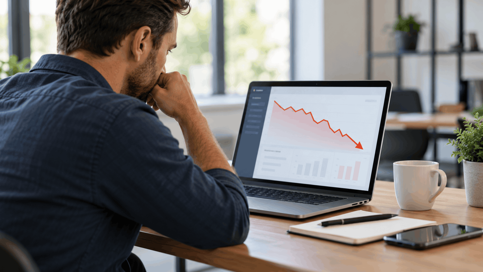 Concerned businessman reviewing declining analytics chart on laptop showing content performance drop