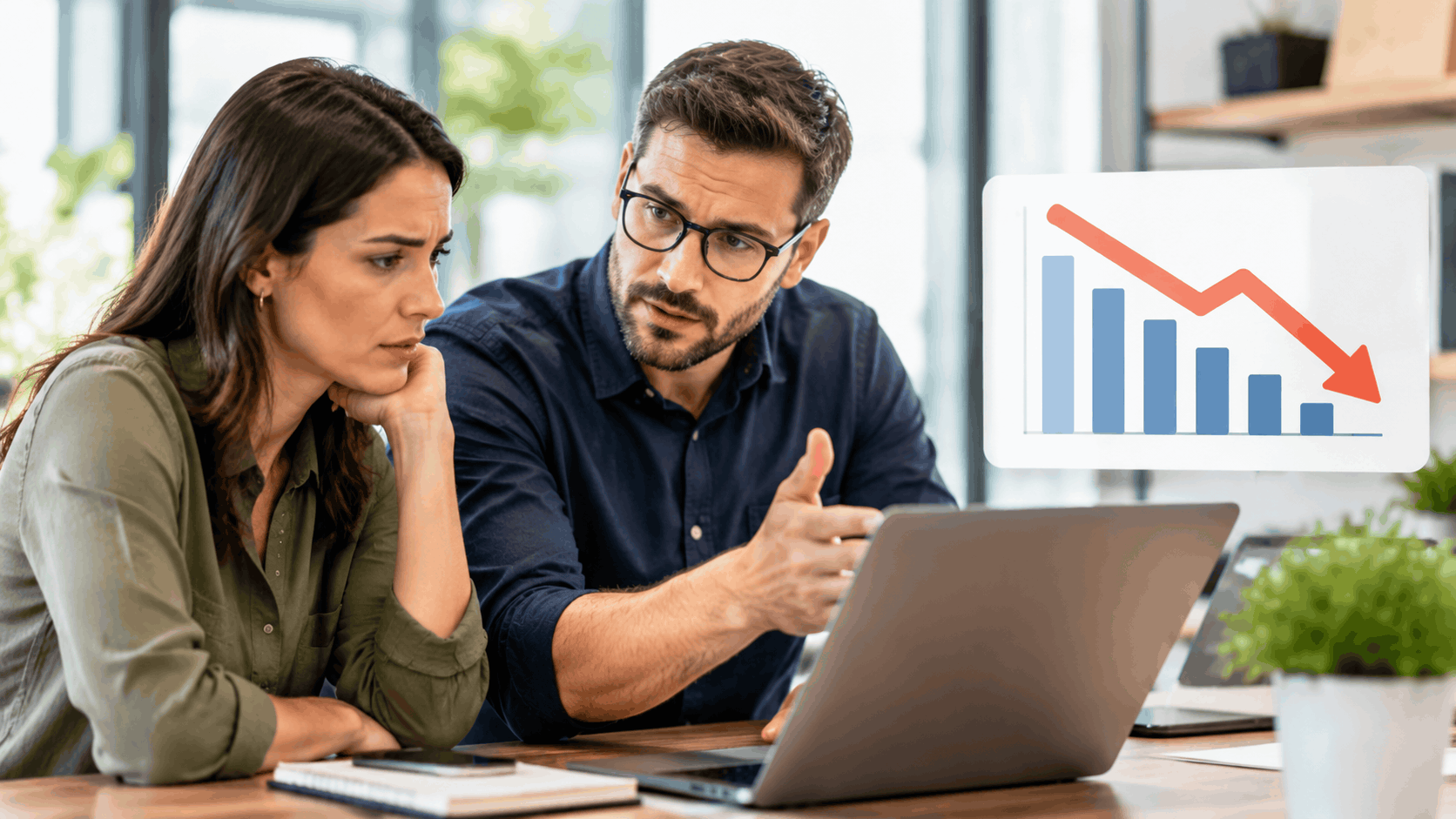 Two professionals reviewing declining backlink data on laptop with falling bar chart graphic