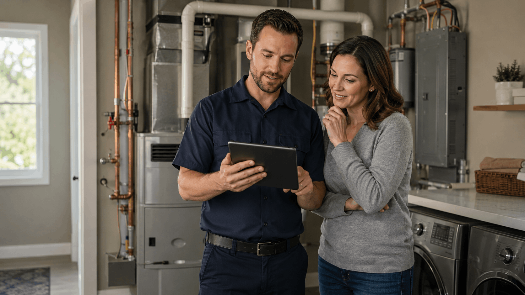 HVAC technician showing homeowner digital tablet results in utility room