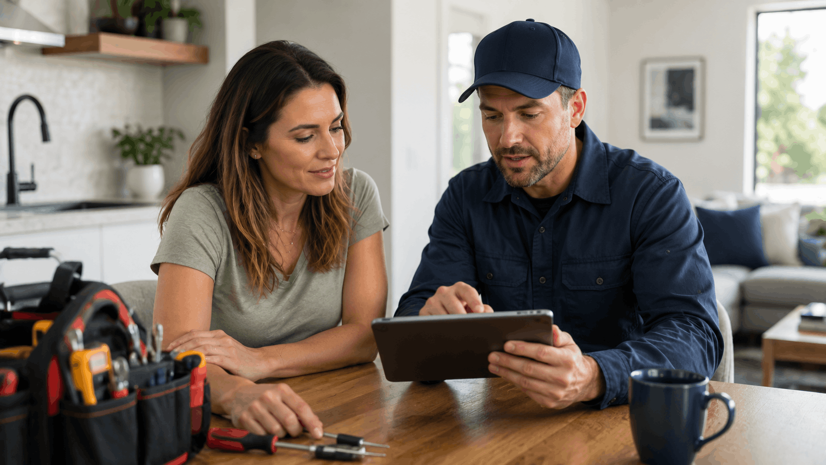 Homeowner reviewing HVAC plumbing estimate on tablet with uniformed technician at kitchen table