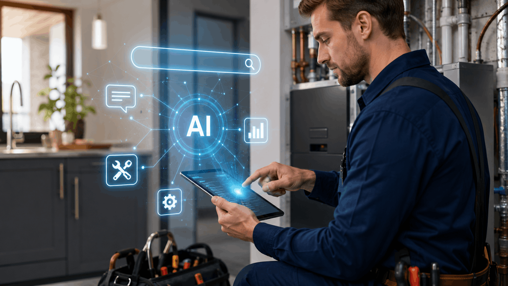 HVAC technician using AI-powered tablet for diagnostics near furnace and pipes