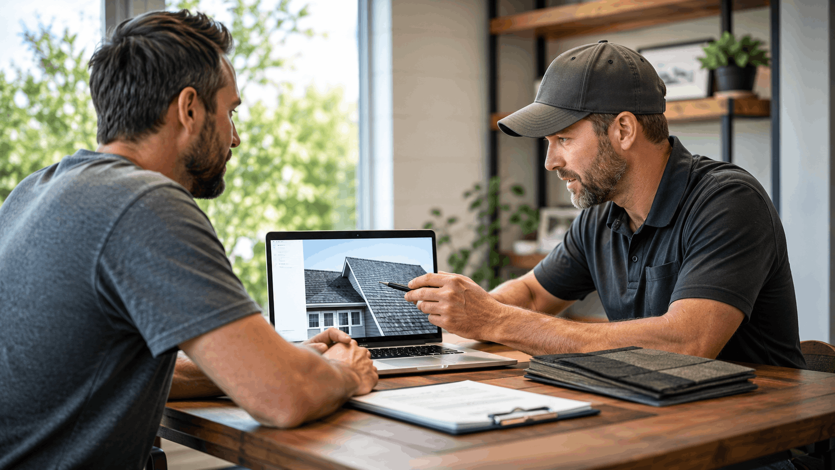 Roofing contractor showing homeowner roof shingle options on laptop during consultation