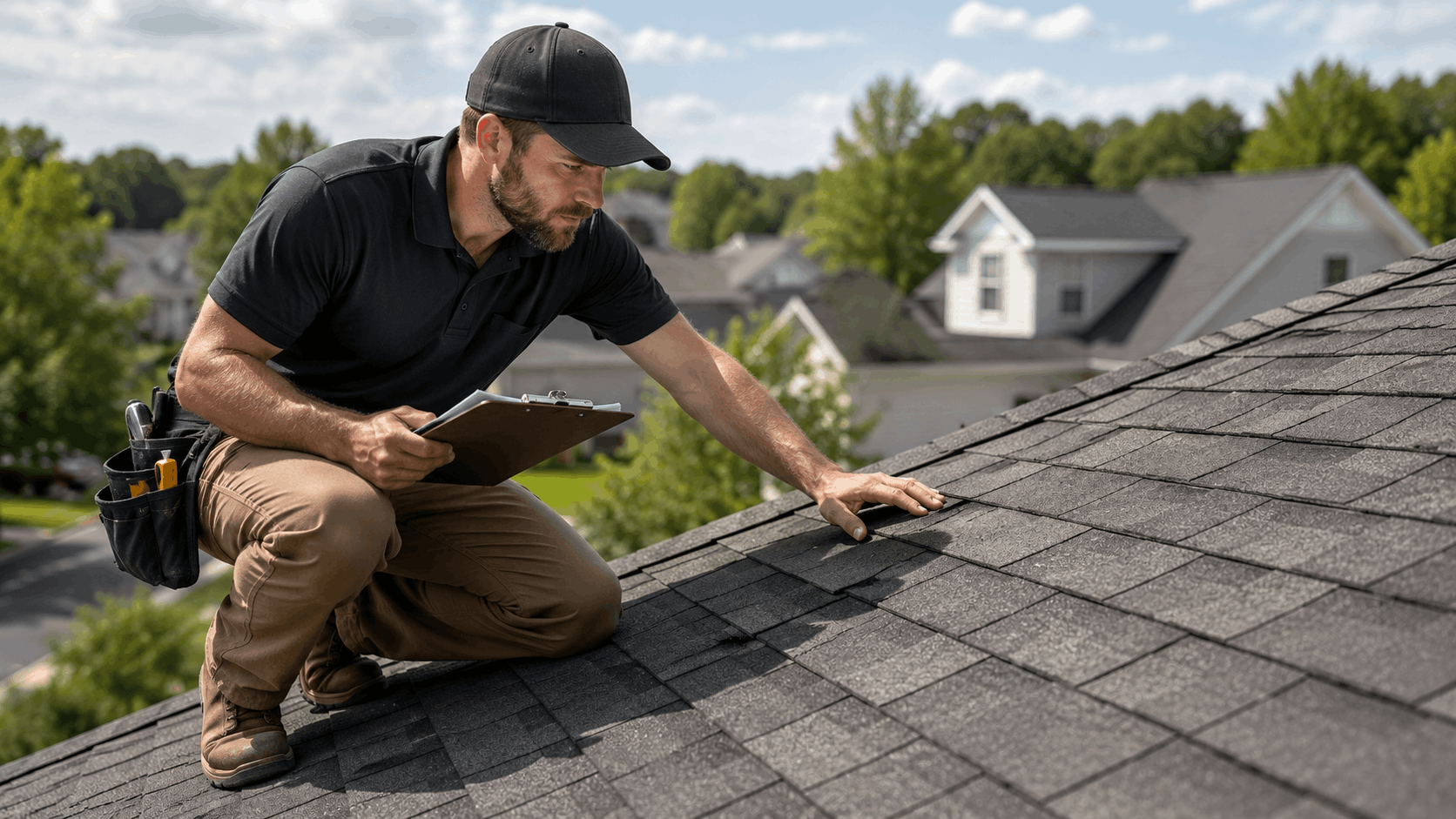 Roofing contractor inspecting asphalt shingles on residential roof while taking notes