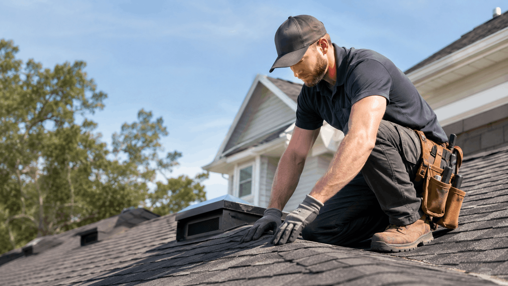 Professional roofer in black uniform inspecting asphalt shingles on residential rooftop