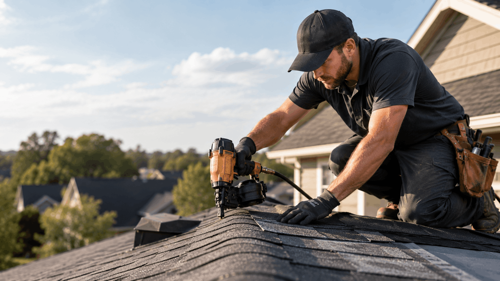 Roofing contractor using pneumatic nail gun to install asphalt shingles on residential roof