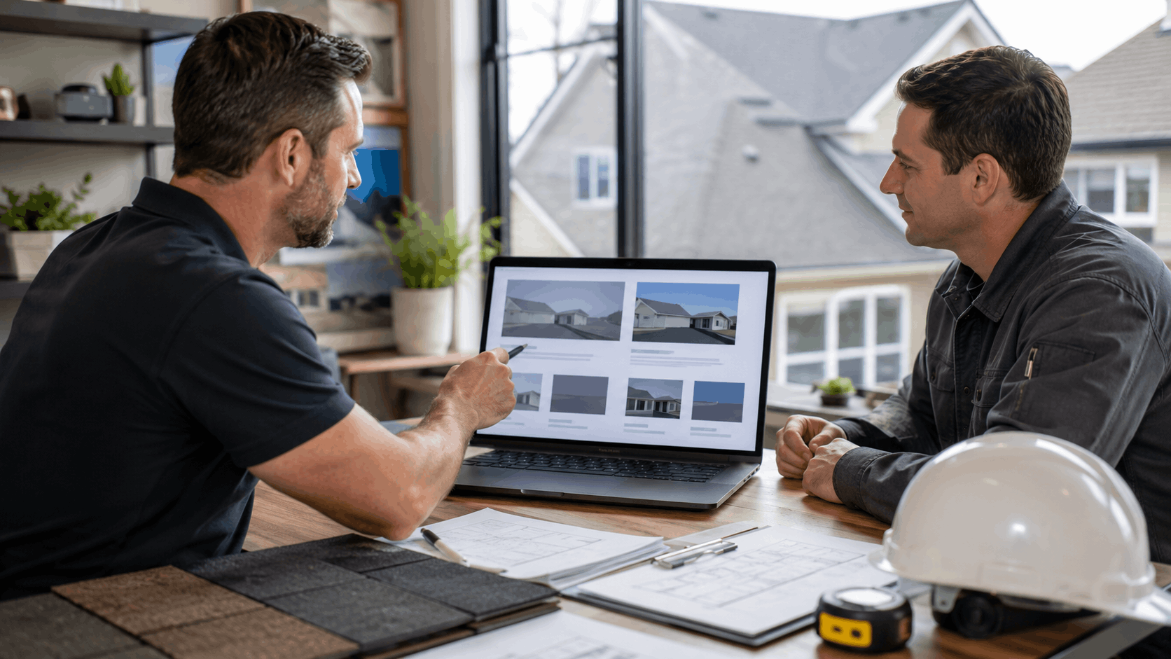 Two contractors reviewing roofing options on laptop with blueprints and hard hat