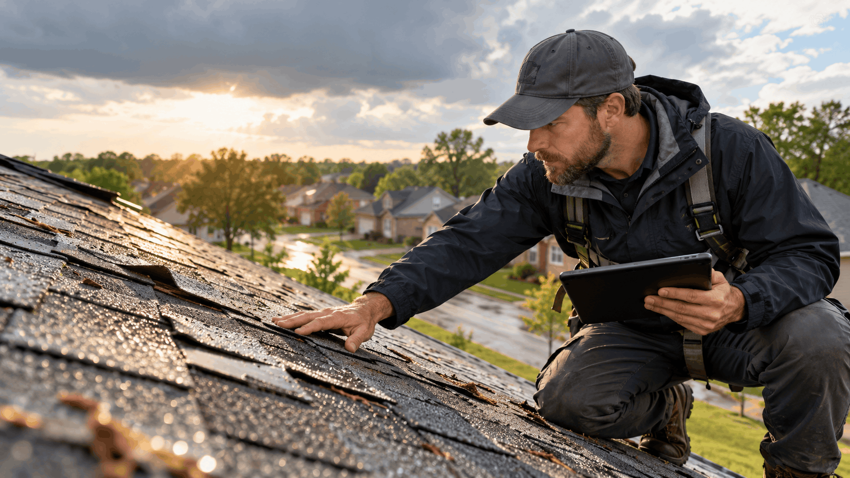 Roofing inspector examining storm-damaged shingles on residential roof while holding tablet