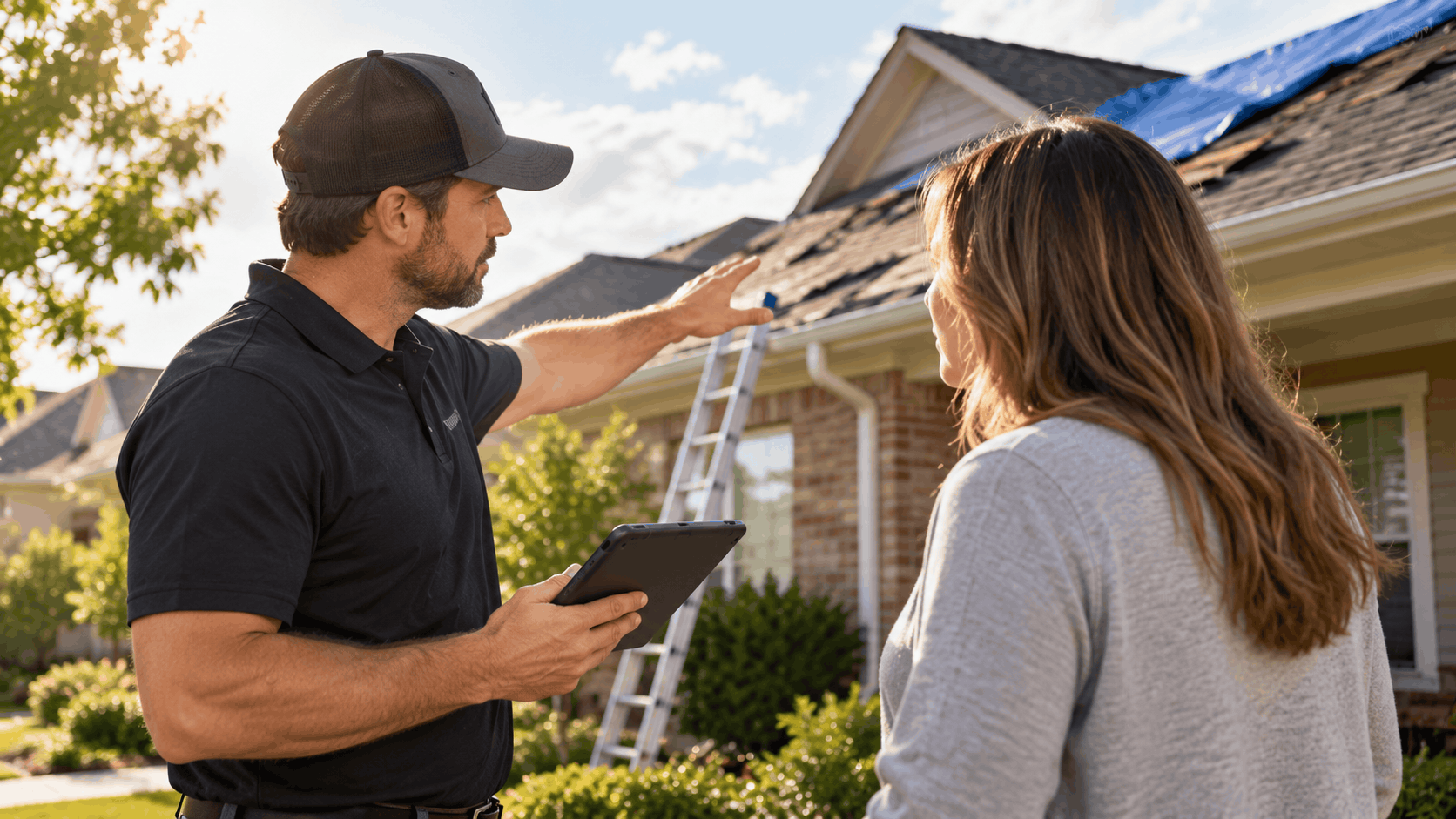 Roofing contractor with tablet discussing storm damage repair with homeowner outside brick house