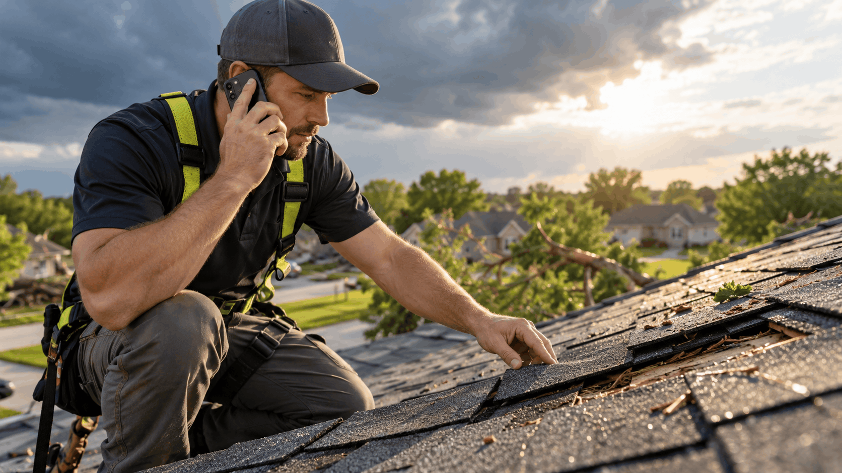 Roofing contractor inspecting storm-damaged shingles on roof while calling for leads