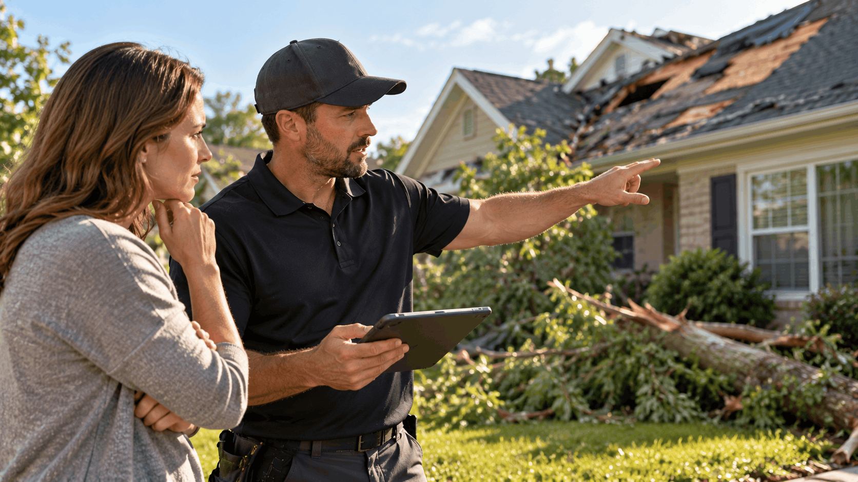 Insurance adjuster with tablet pointing at storm-damaged roof and fallen tree with homeowner