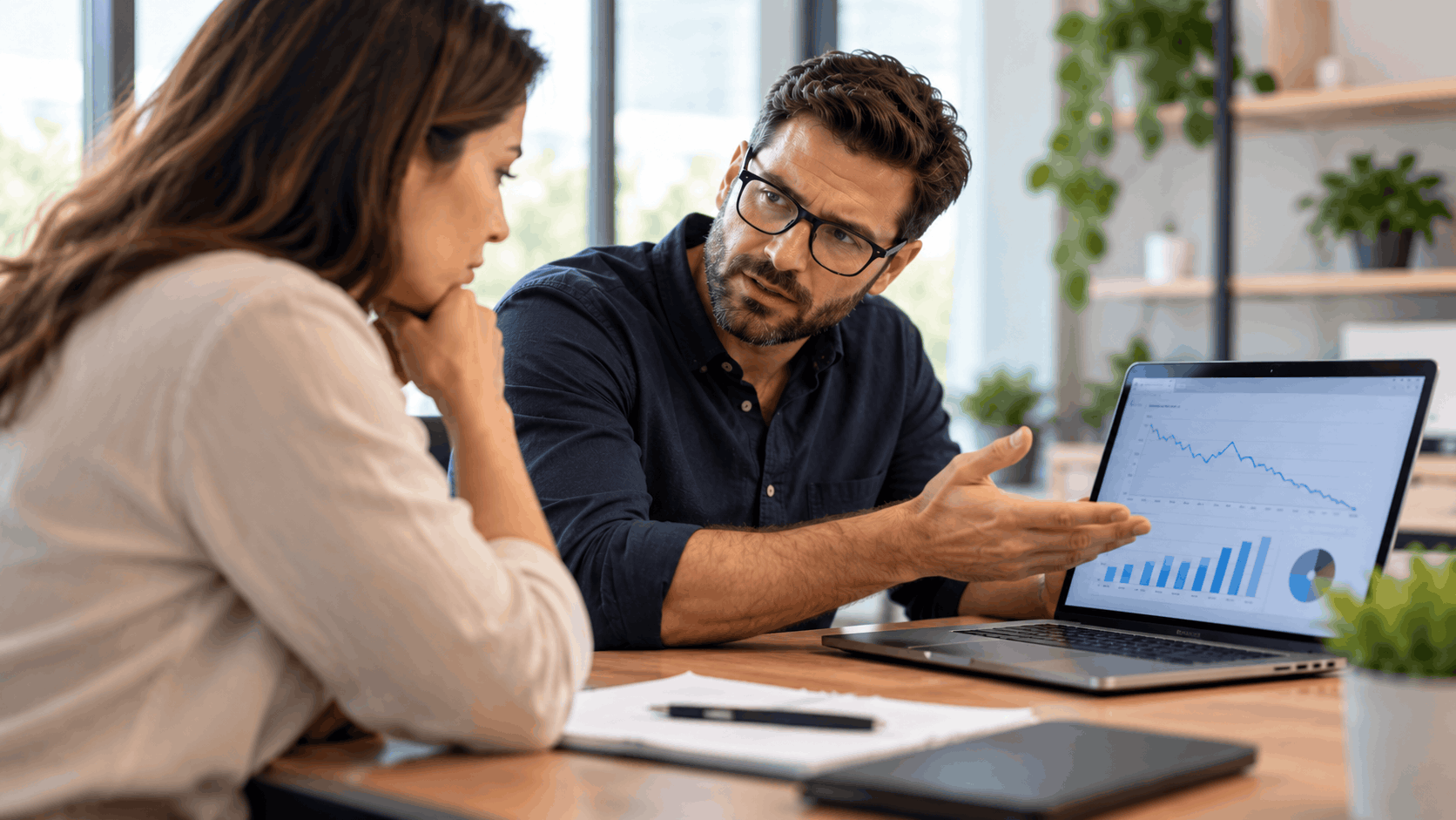 Financial advisor showing declining performance charts on laptop to concerned client in office