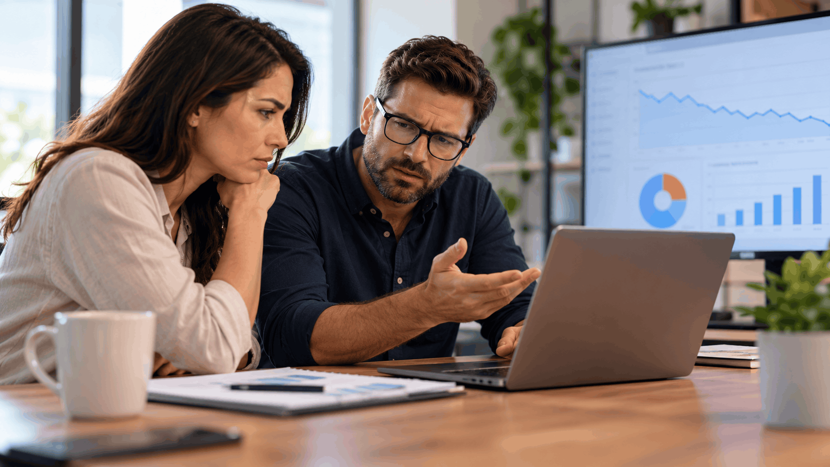 Two business professionals reviewing contract details together on a laptop in office