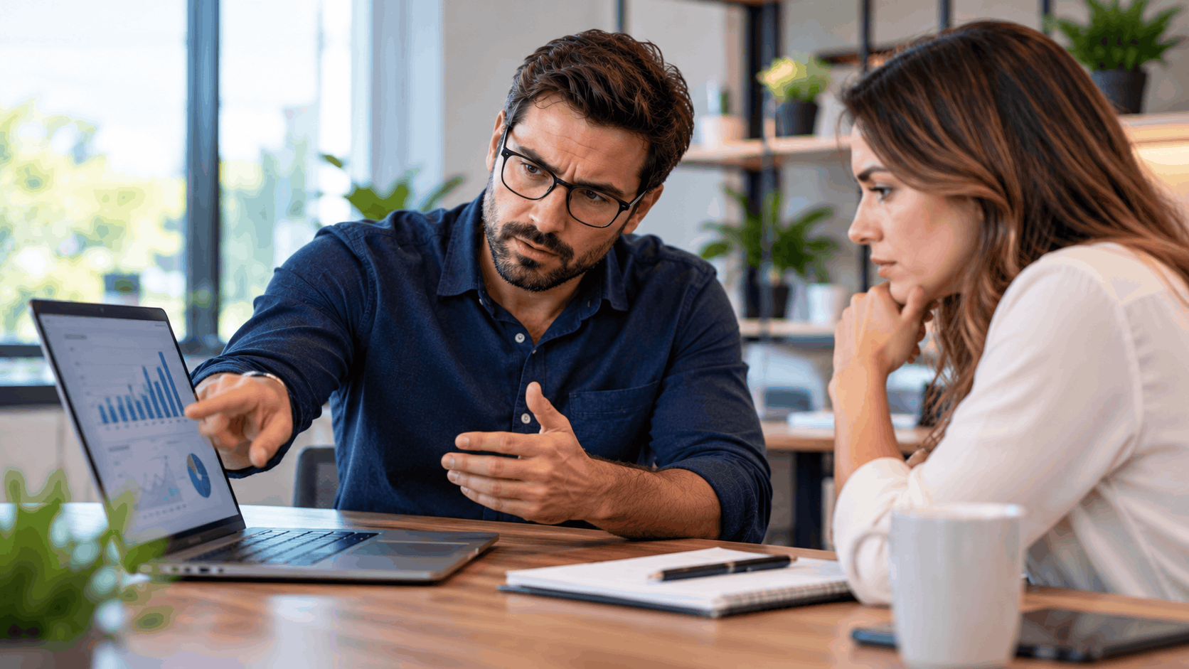Two colleagues reviewing data charts on laptop screen during serious business discussion