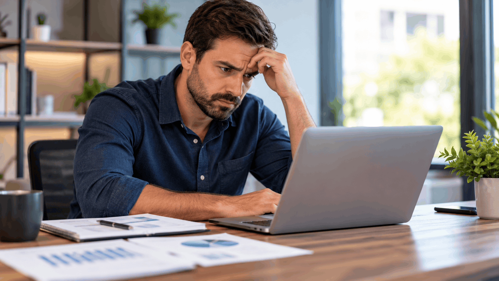 Stressed businessman reviewing financial charts on laptop struggling with digital marketing strategy