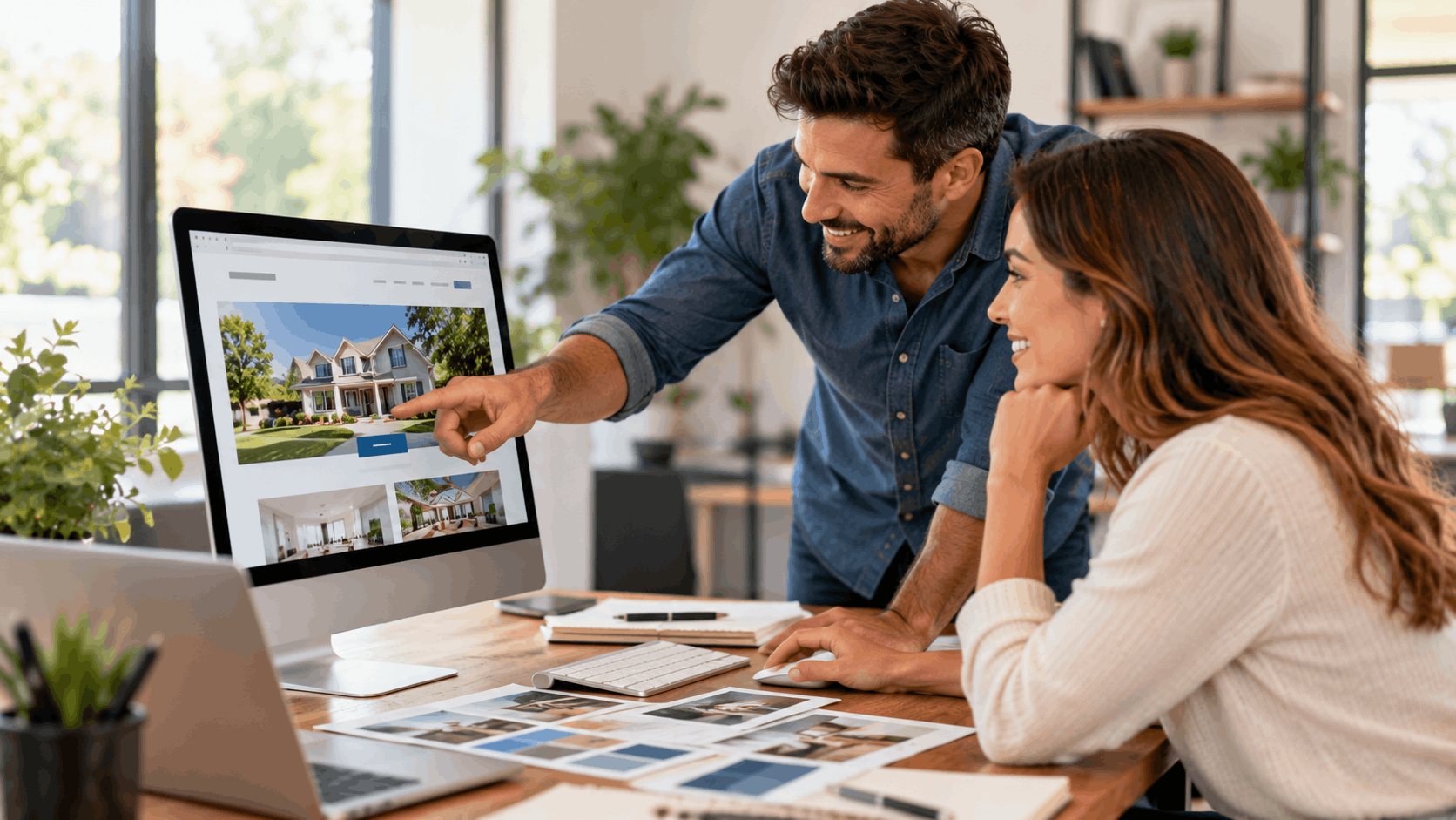 Couple reviewing local service business website design on desktop computer together