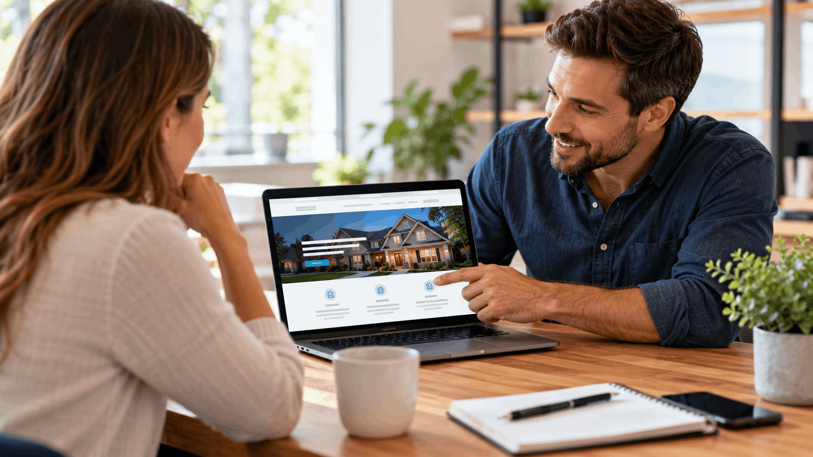 Real estate agent showing home search website to client on laptop