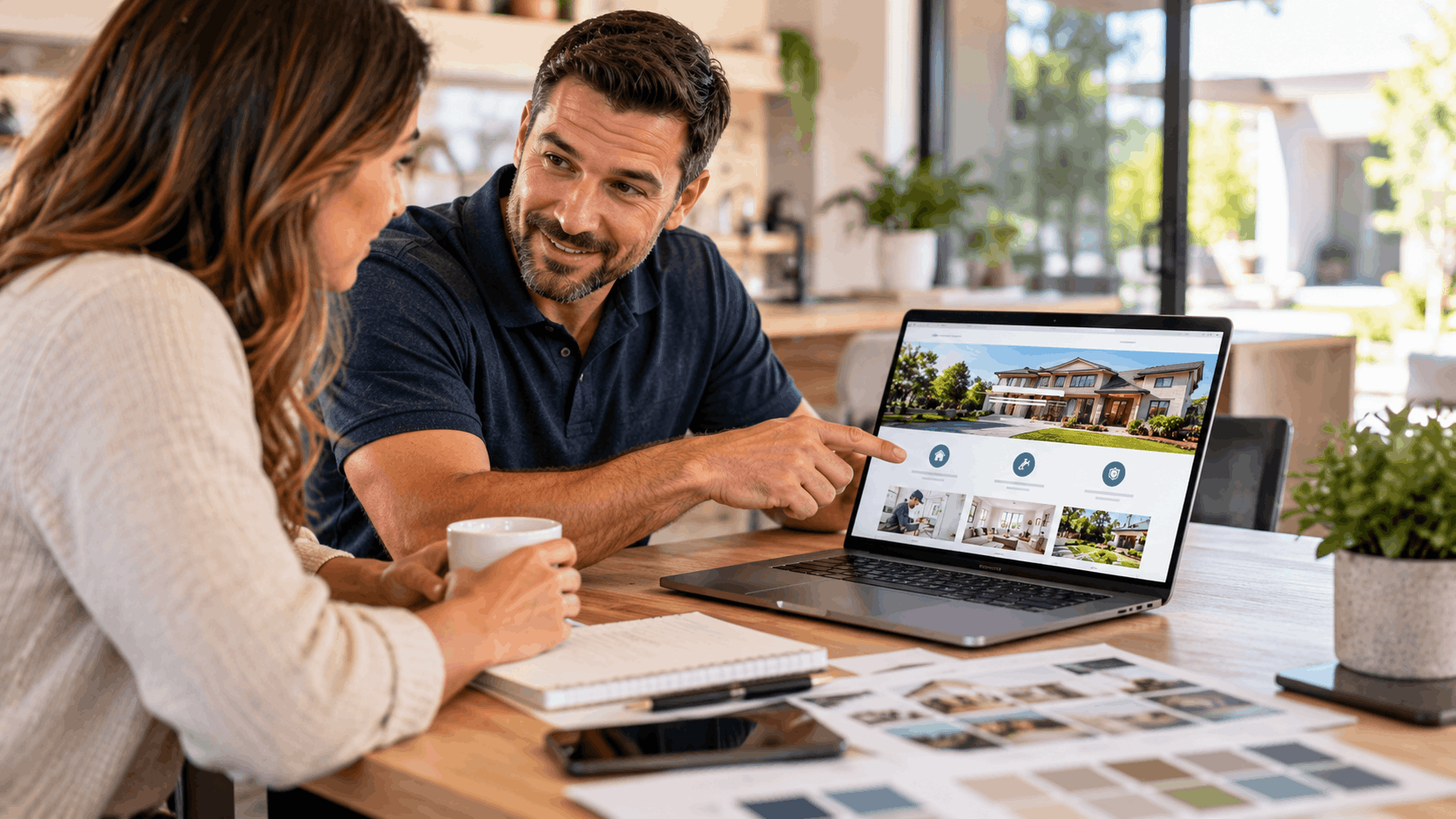 Couple reviewing home services website on laptop with color swatches nearby