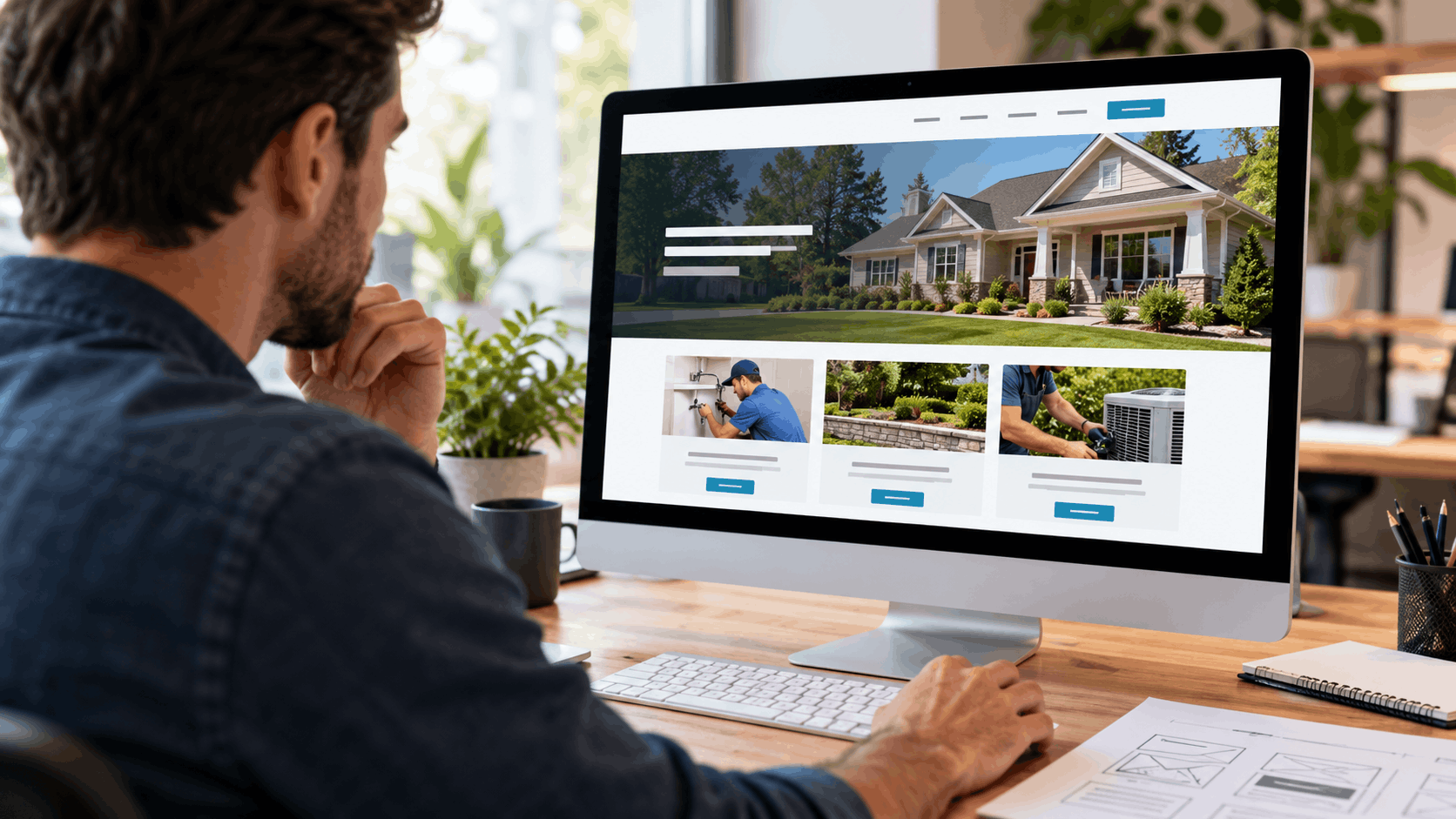 Man reviewing home services website design on desktop computer at modern desk