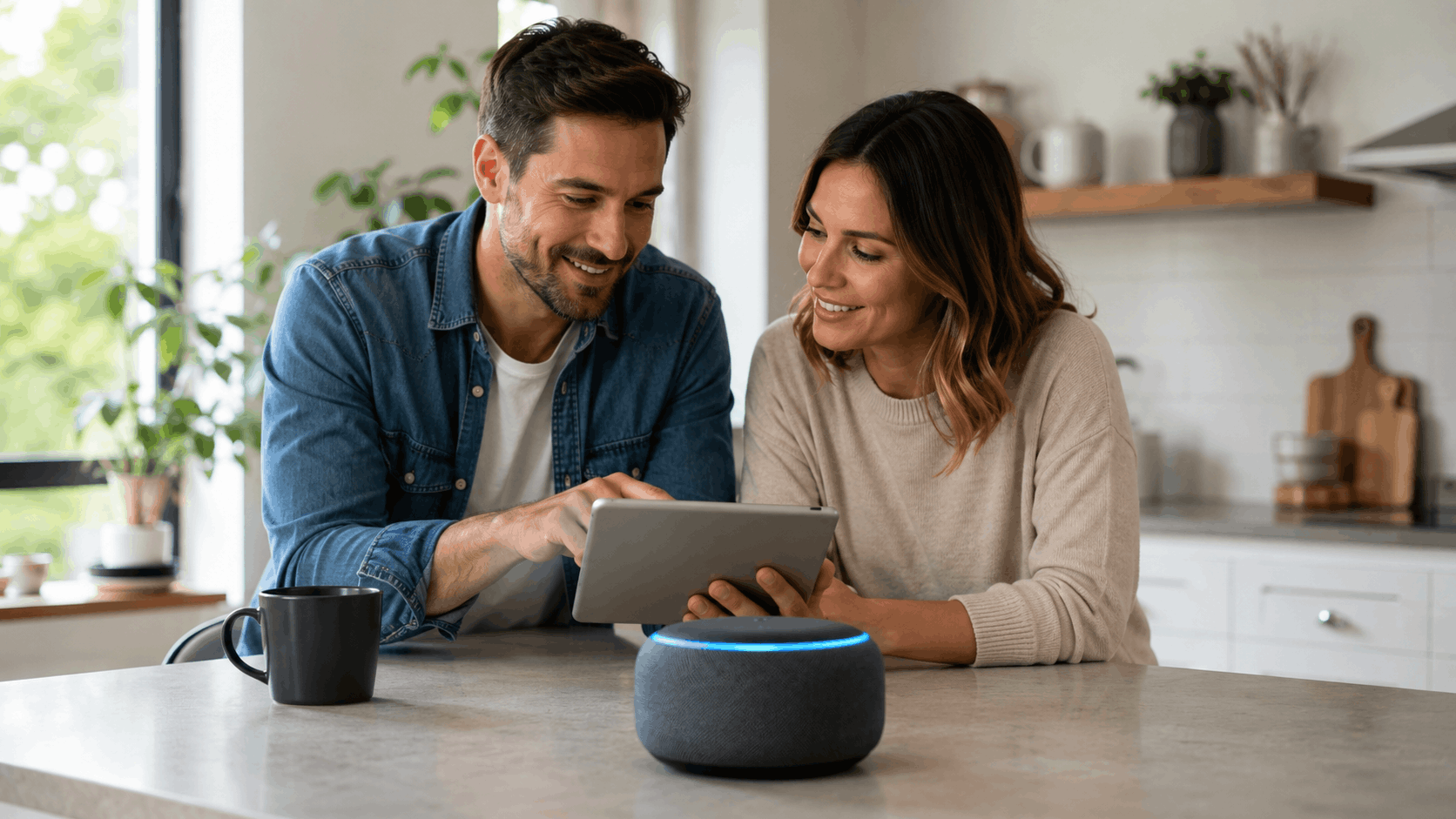 Couple reviewing speakable schema settings on tablet beside active Amazon Echo smart speaker