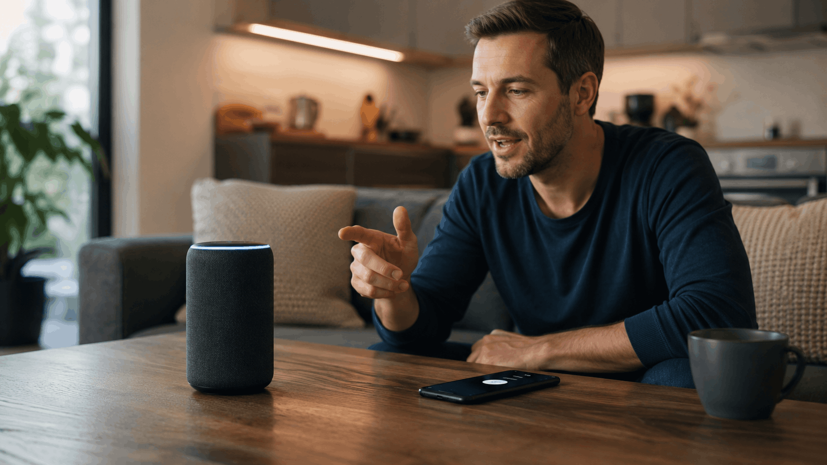 Man speaking to Amazon Echo smart speaker on wooden table at home
