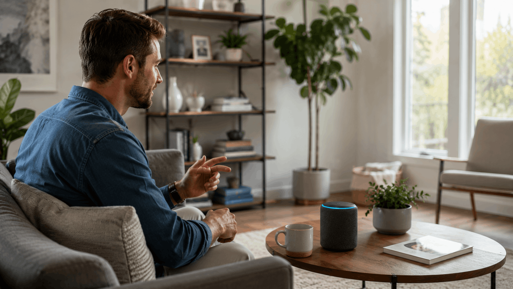 Man speaking to Amazon Echo smart speaker in modern living room setting