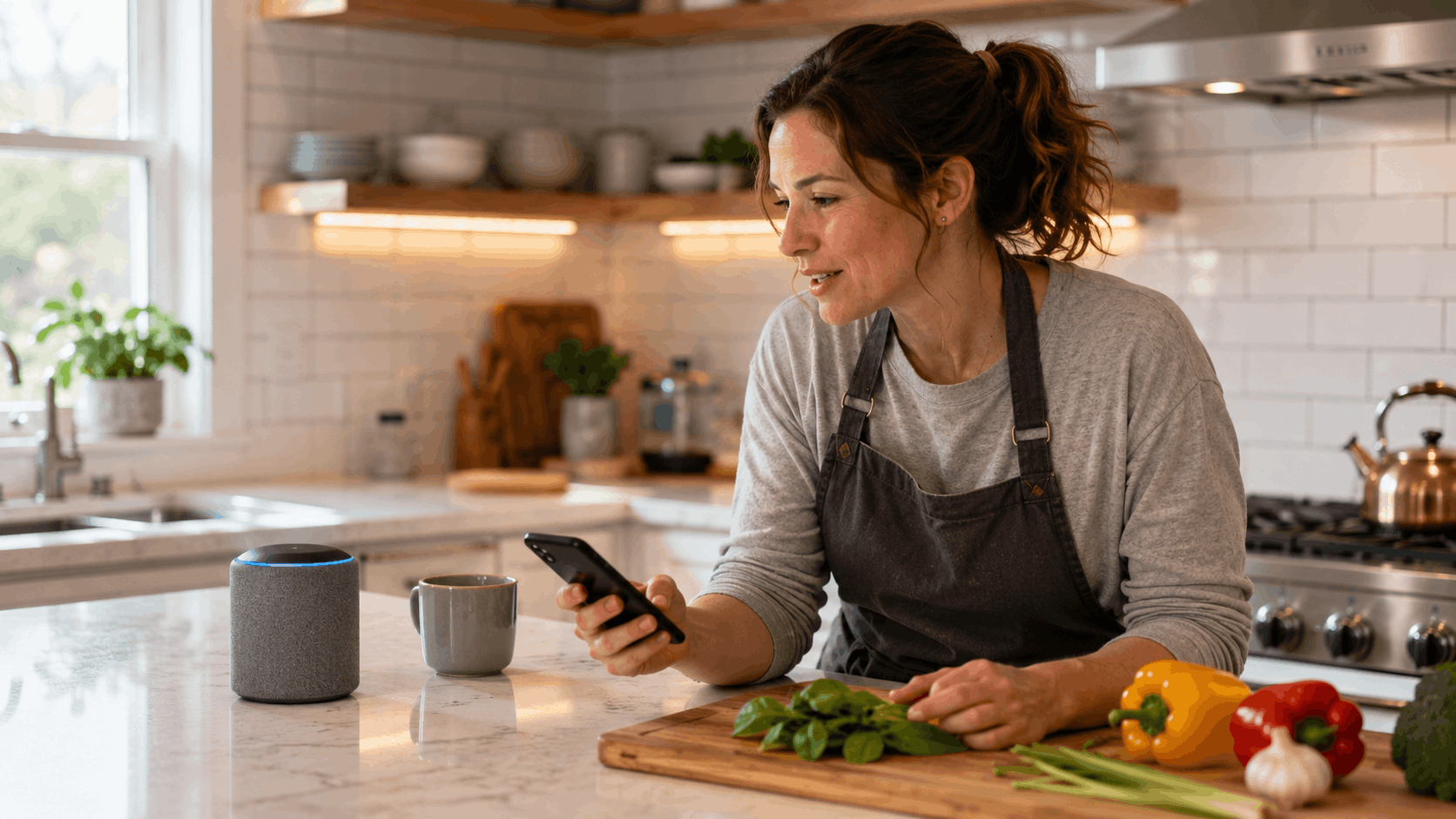 Woman using smartphone and Amazon Echo smart speaker while prepping vegetables in kitchen