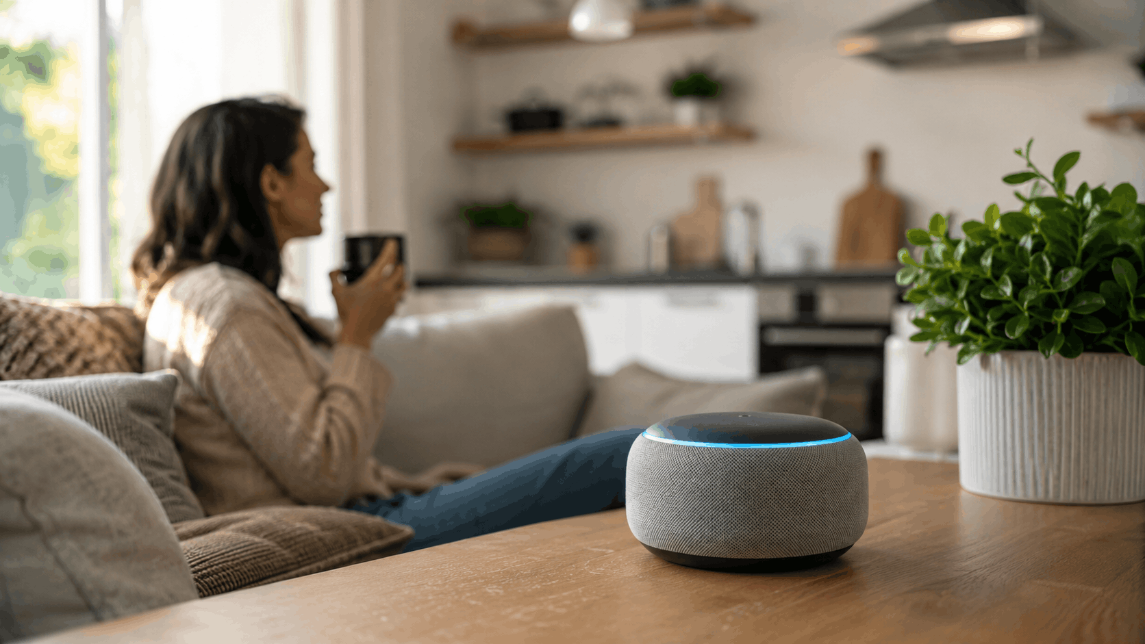 Woman relaxing on sofa with Amazon Echo Dot smart speaker on wooden table