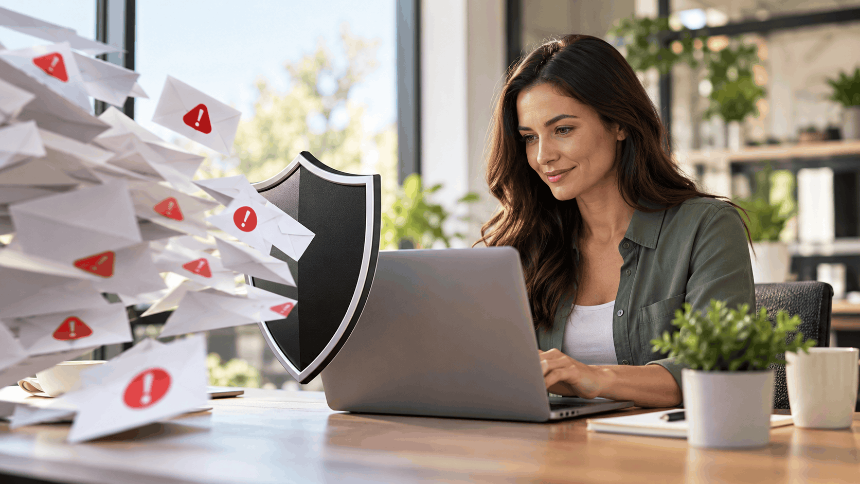 Woman working on laptop protected by security shield blocking spam emails with warning signs
