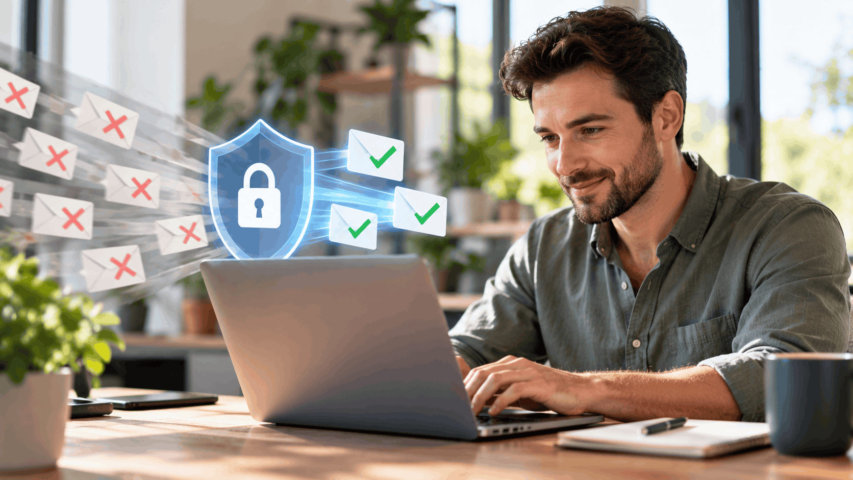 Man smiling at laptop with email security shield filtering spam messages