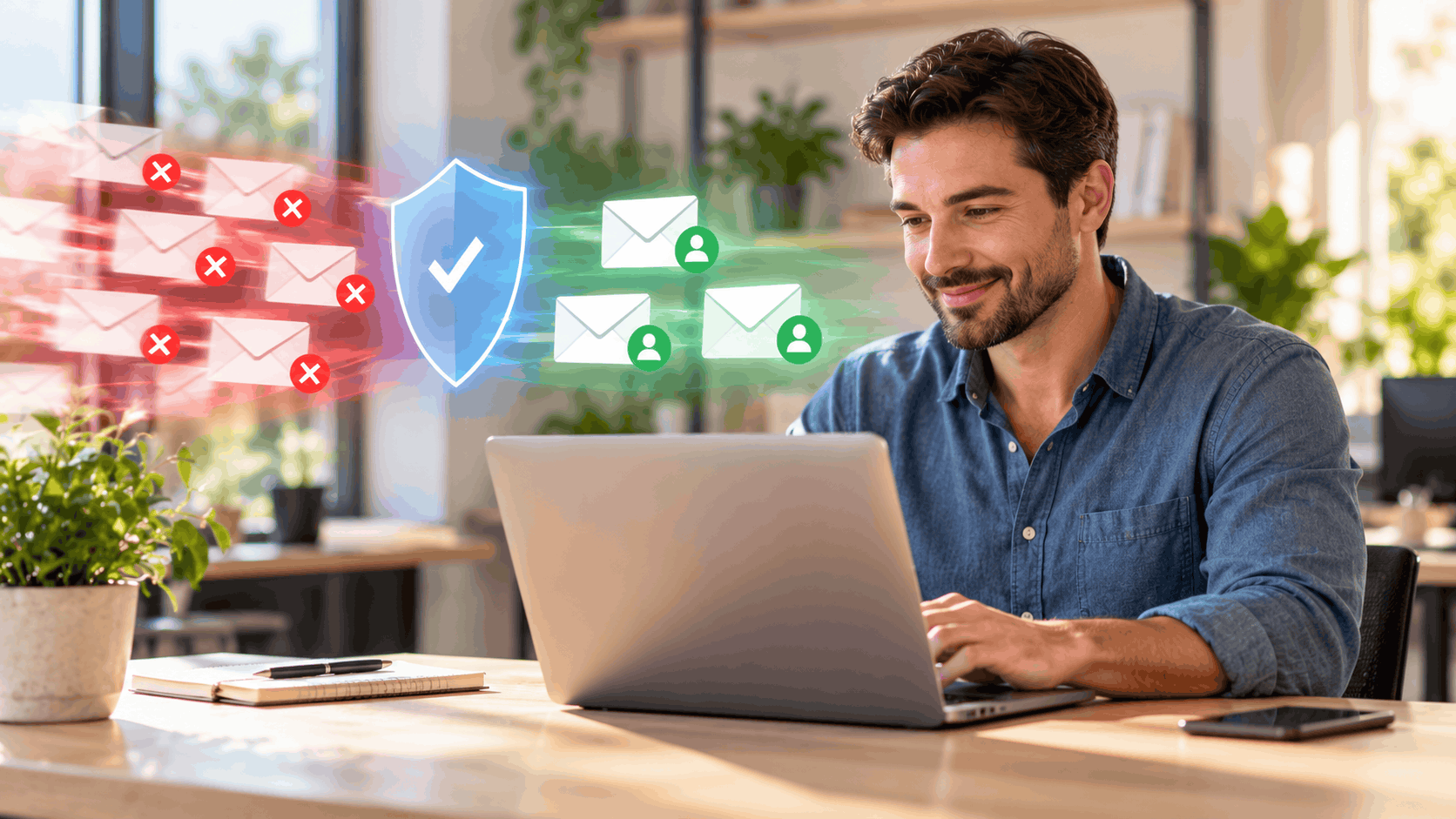Man at laptop with email security shield filtering spam from legitimate customer emails