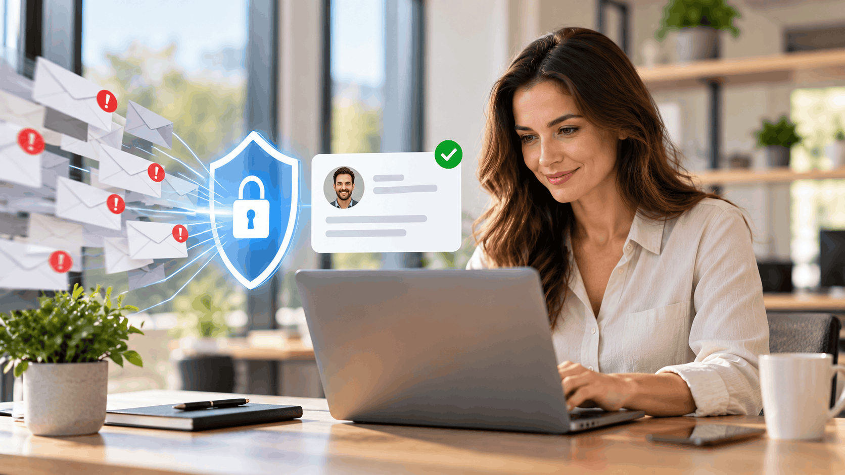 Woman using laptop with email security shield filtering verified leads from spam