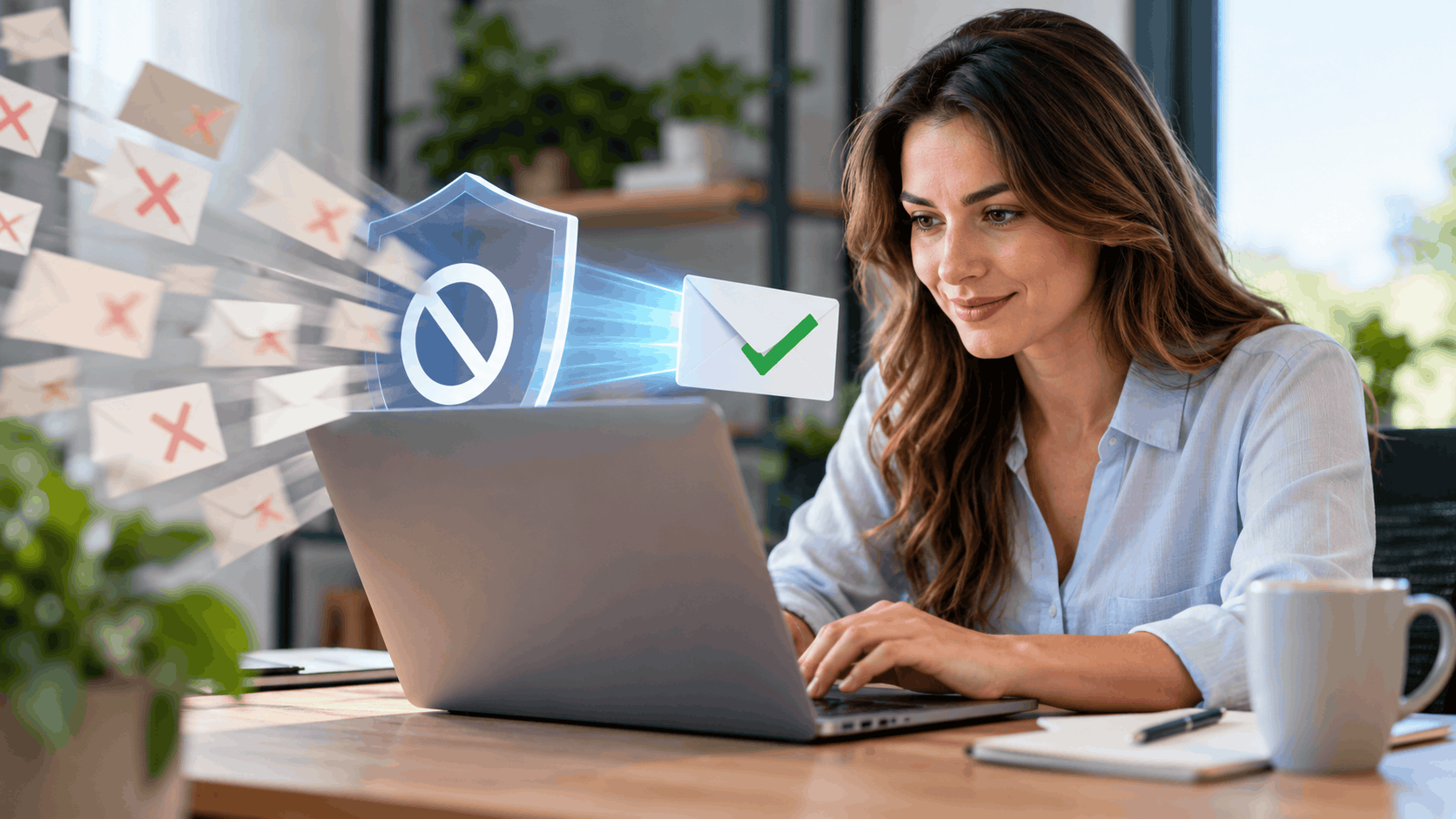 Woman at laptop with email shield filtering spam from legitimate business leads