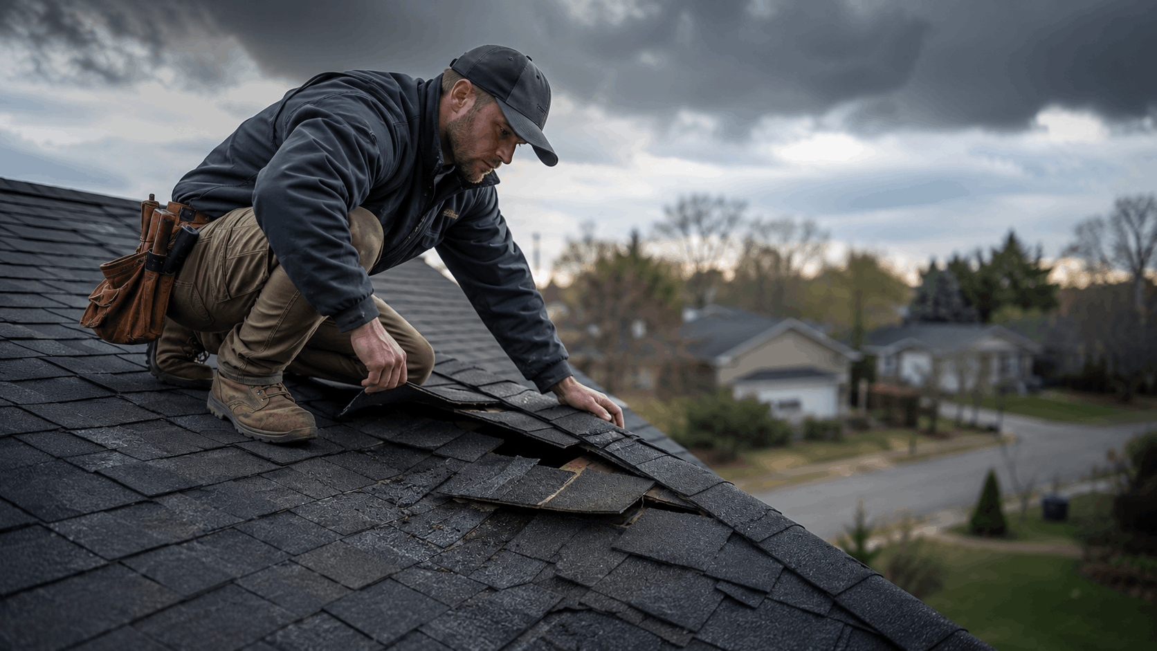 Roofer inspecting storm-damaged shingles on residential roof under dramatic cloudy skies