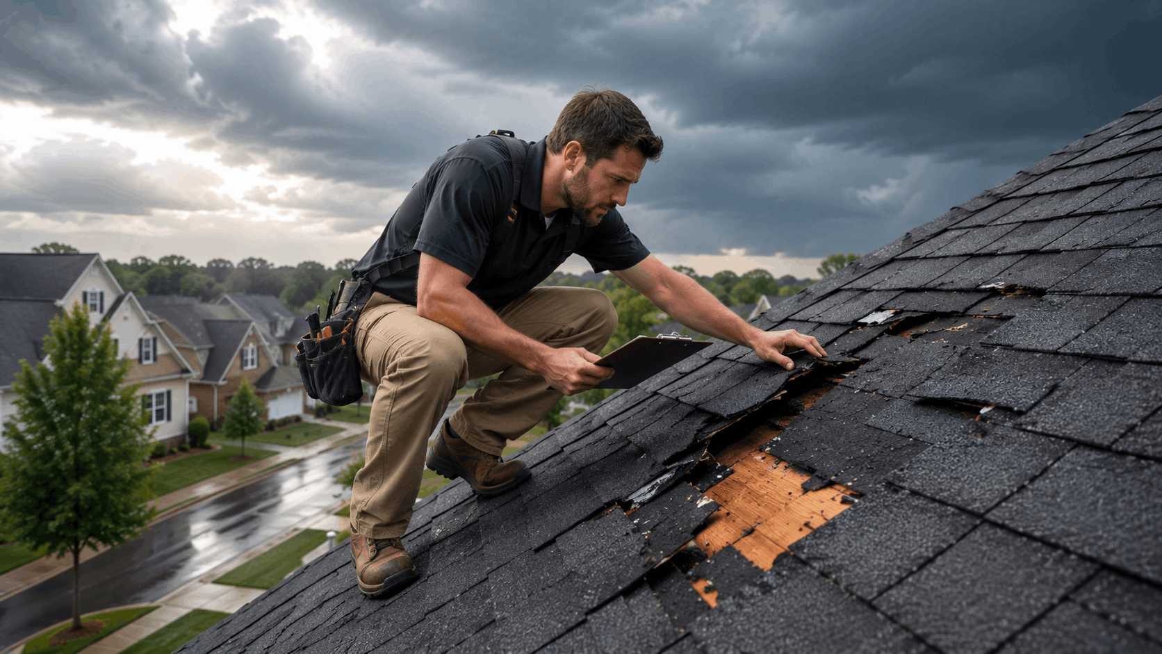 Roofing contractor inspecting storm-damaged shingles on suburban home after severe weather