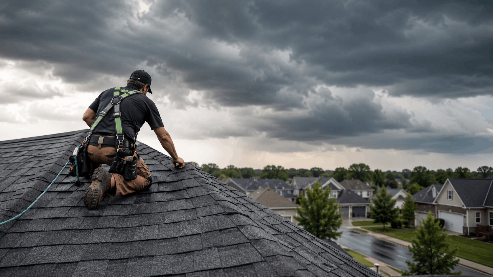 Roofing contractor in safety harness inspecting storm-damaged shingles during threatening weather