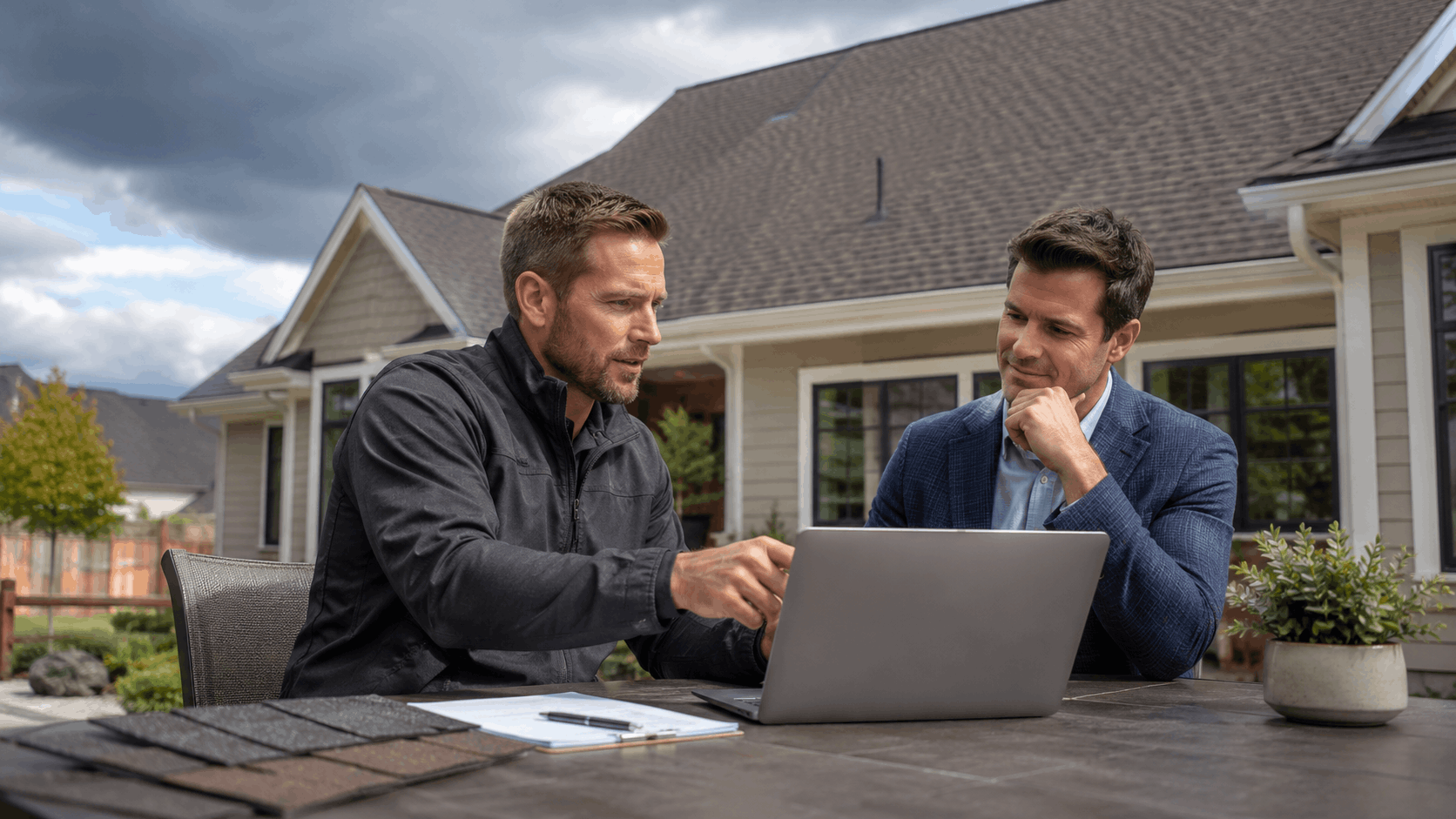 Roofing contractor and homeowner reviewing project details on laptop outdoors