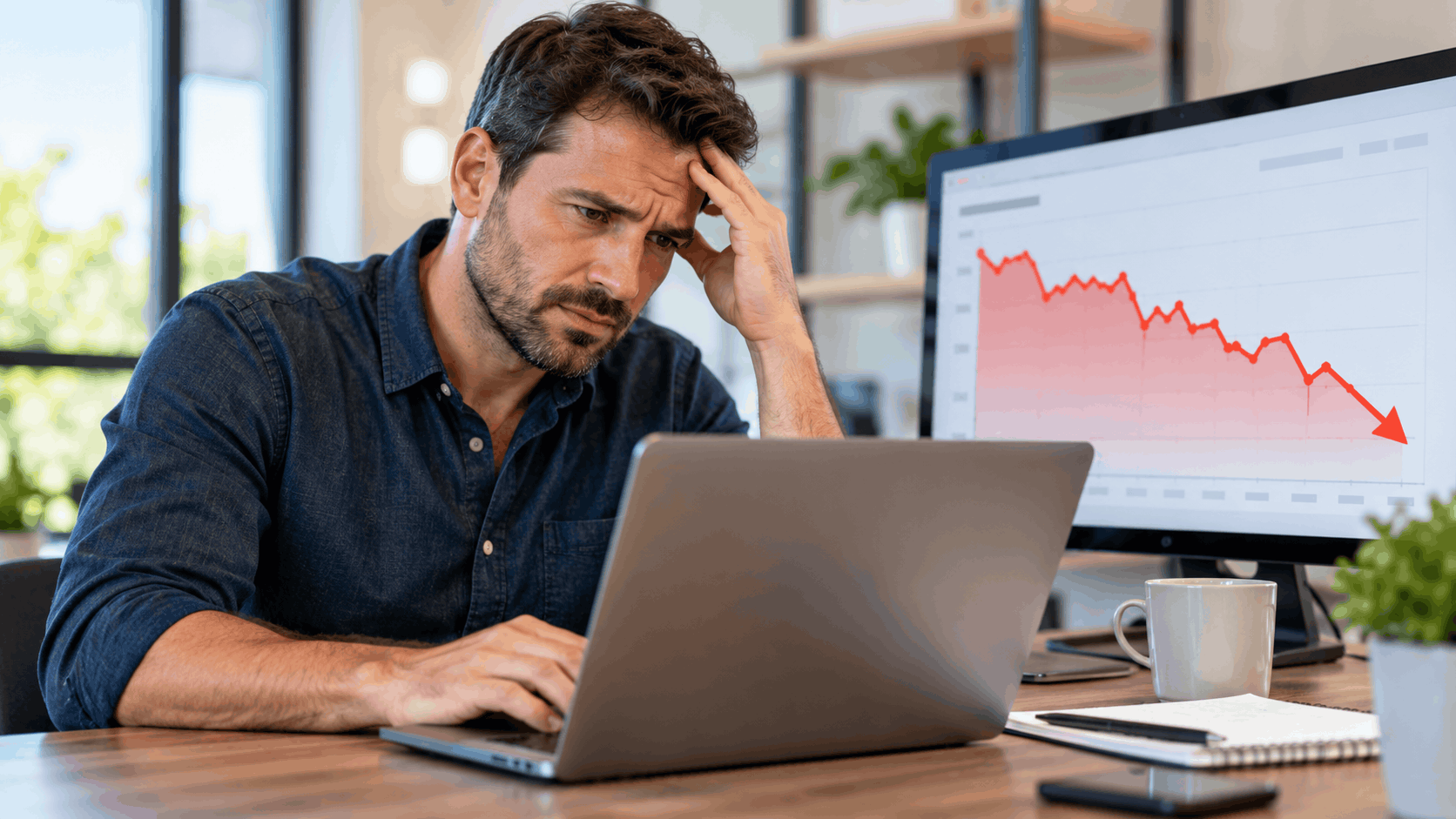 Stressed man at desk watching declining red stock chart on monitor