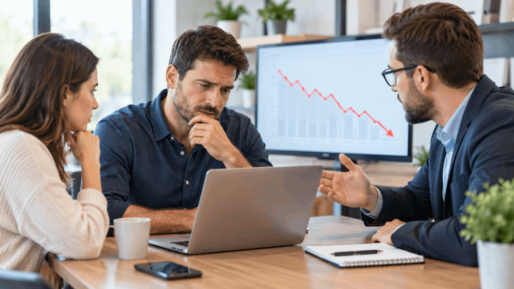 Financial advisor discussing declining business ownership chart with concerned couple in meeting