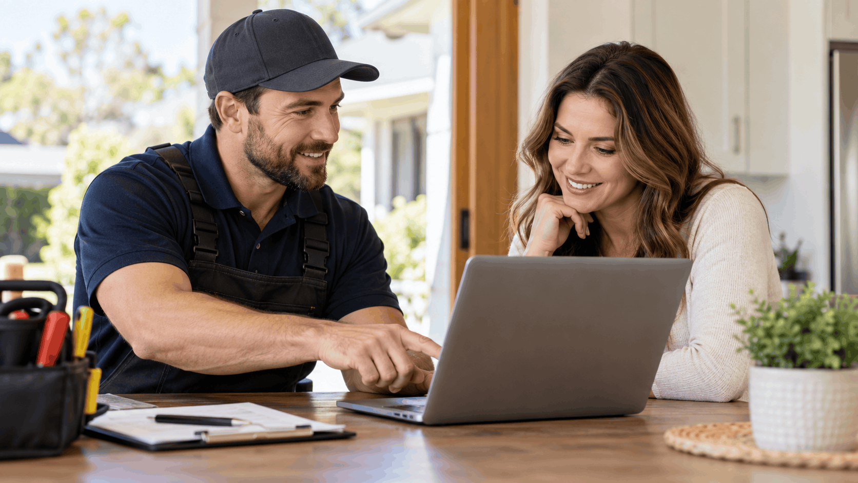Home service contractor reviewing business software options on laptop with homeowner client