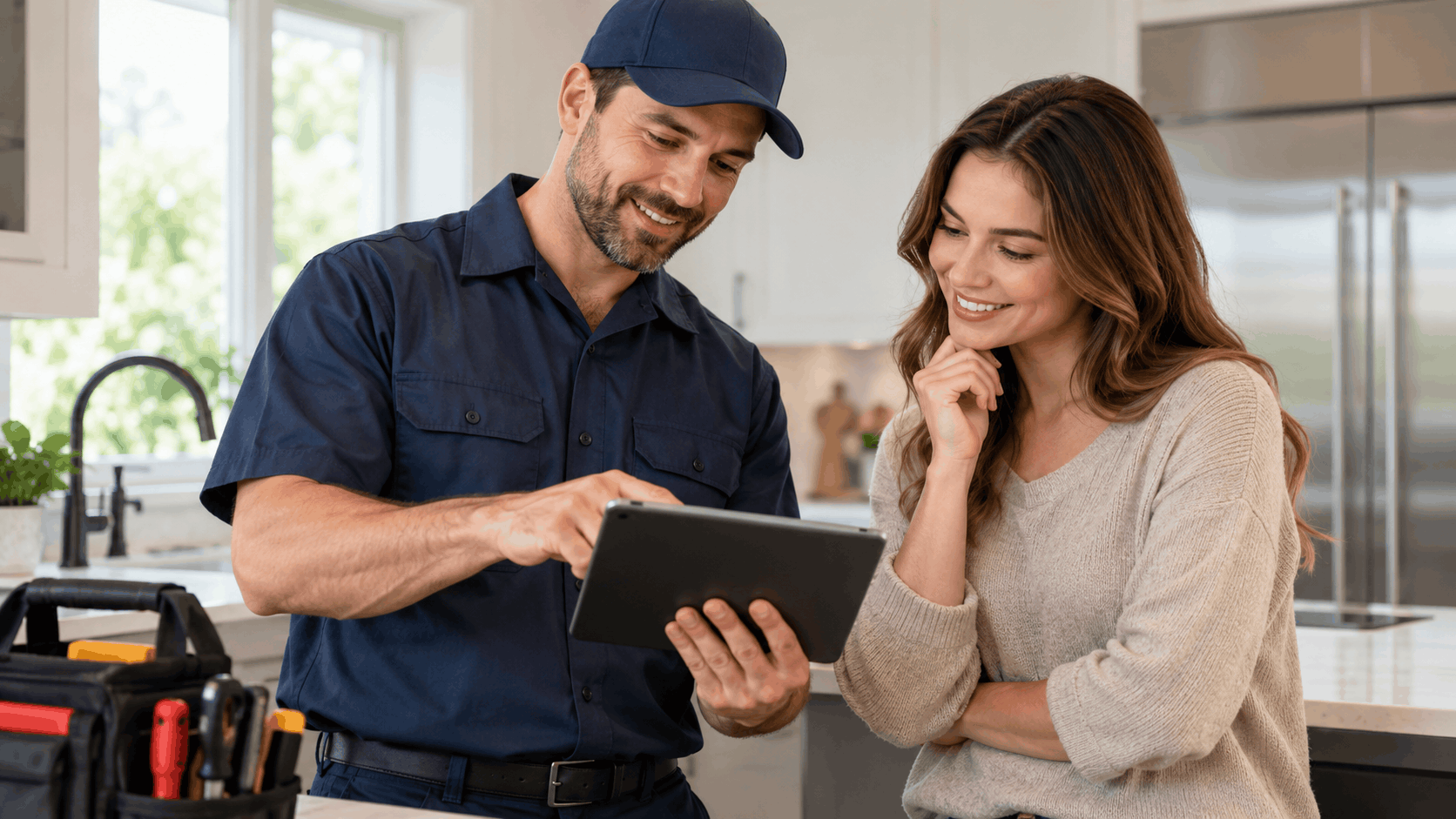 Plumber showing tablet quote to smiling homeowner during kitchen service consultation