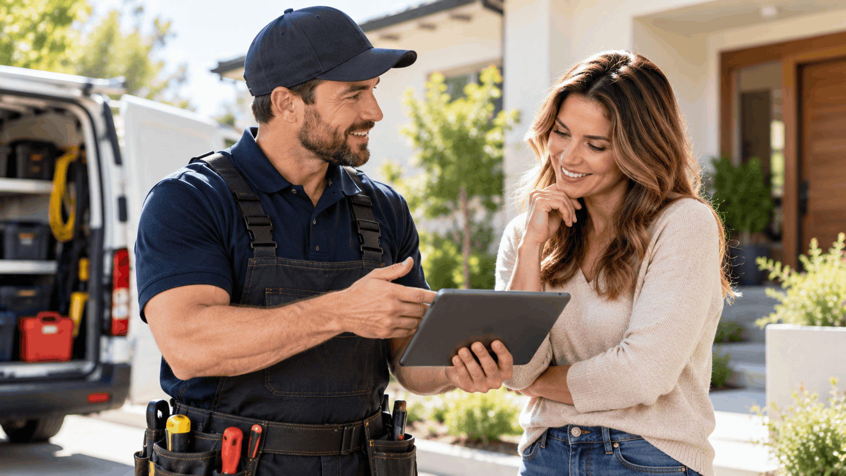 Smiling contractor showing homeowner service estimate on tablet outside house