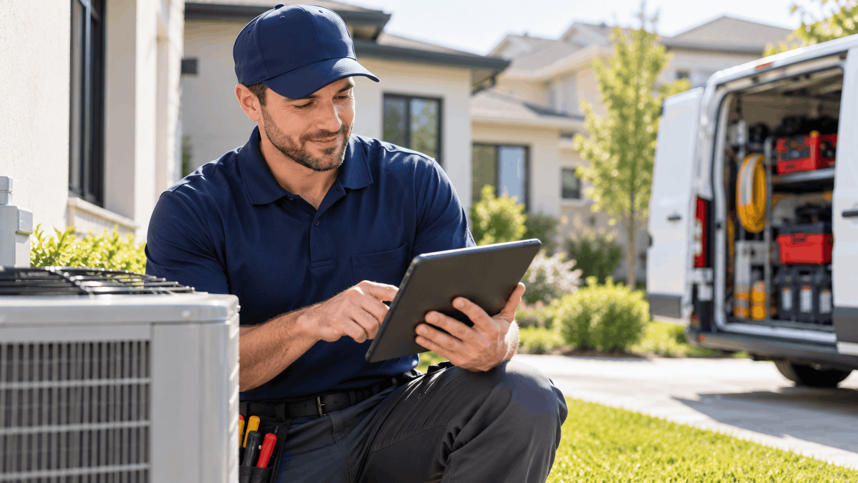 HVAC technician using tablet to track service leads next to outdoor AC unit