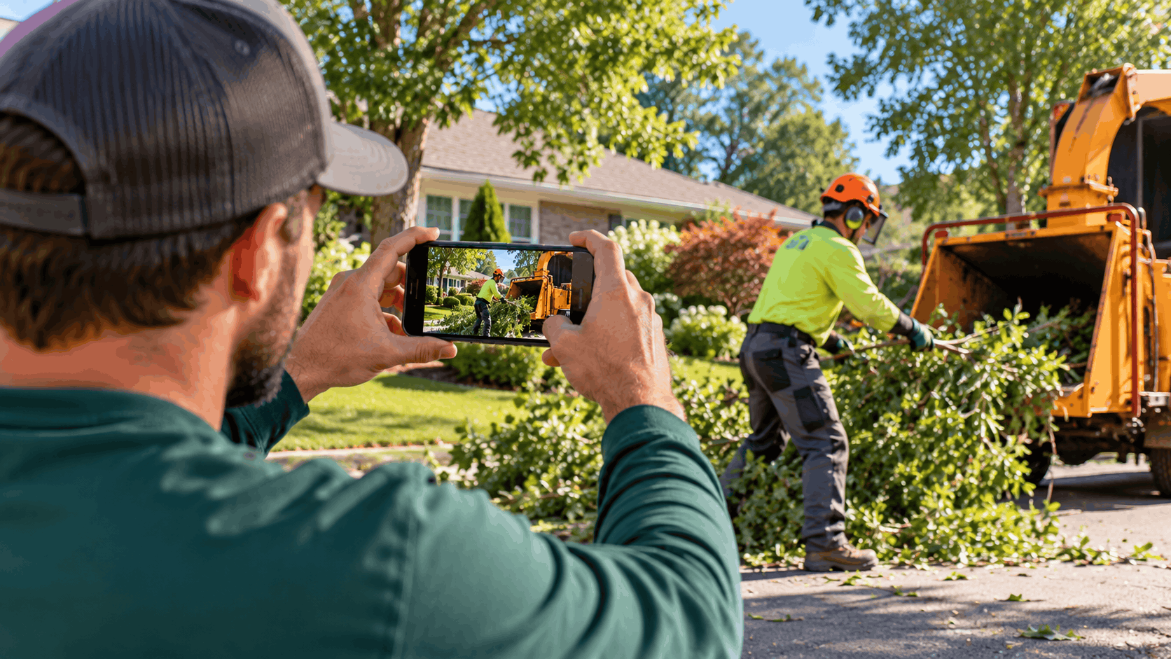 Tree service worker filming colleague feeding branches into wood chipper for video verification