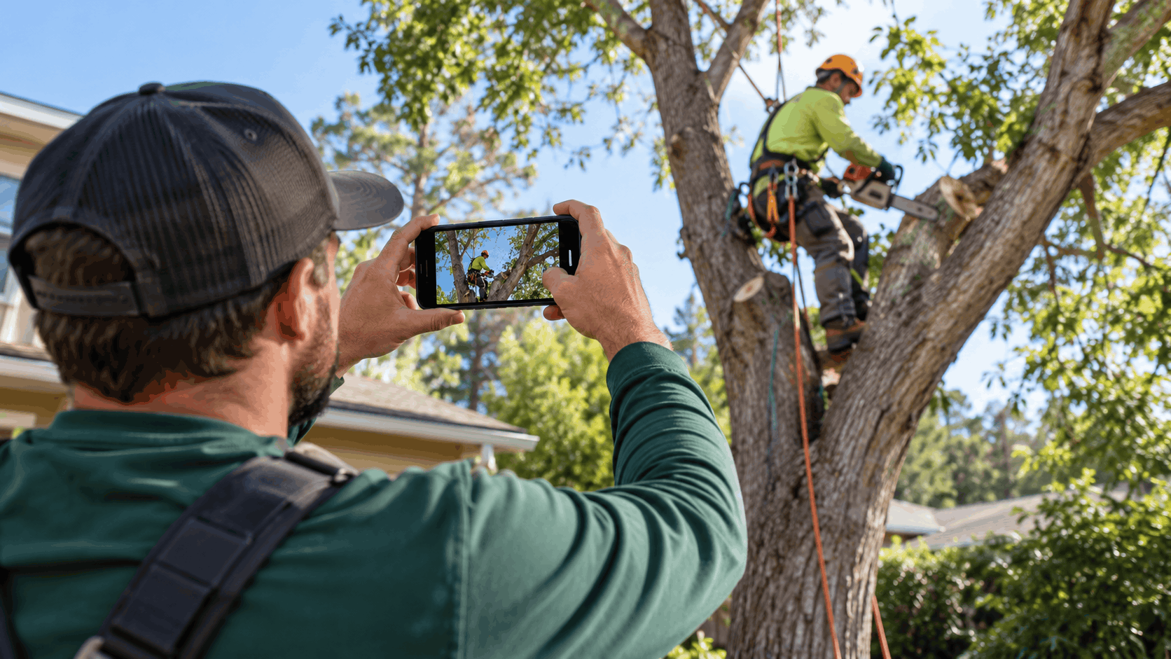 Tree service professional filming arborist climbing tree with chainsaw using smartphone