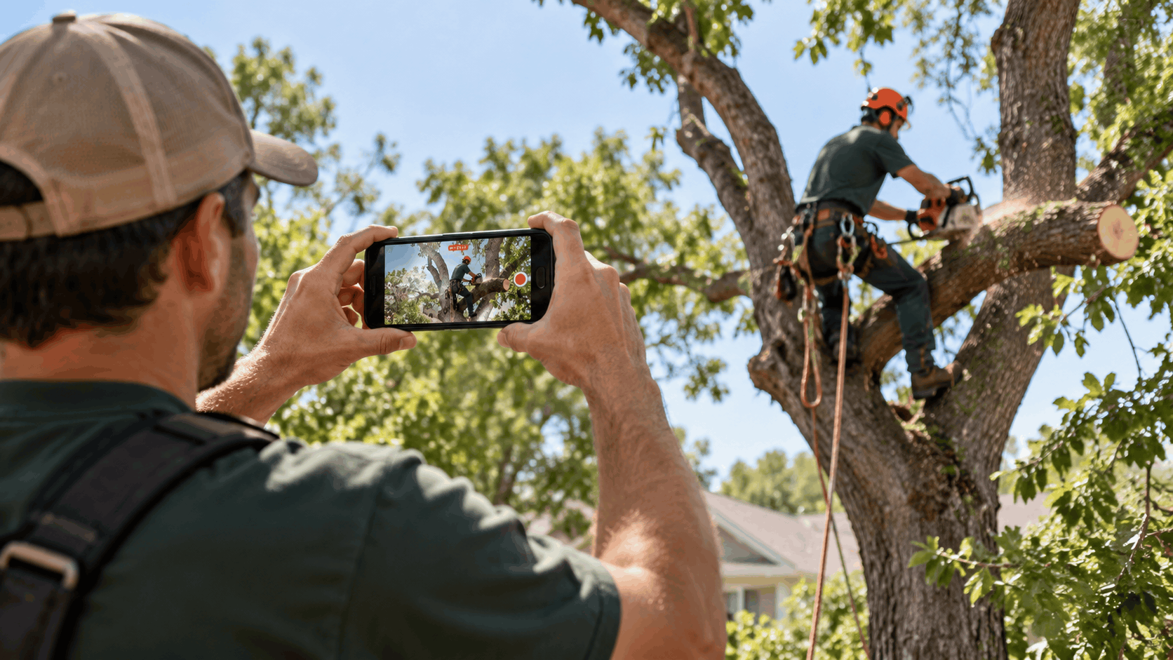 Arborist climbing tree with chainsaw while coworker records video on smartphone