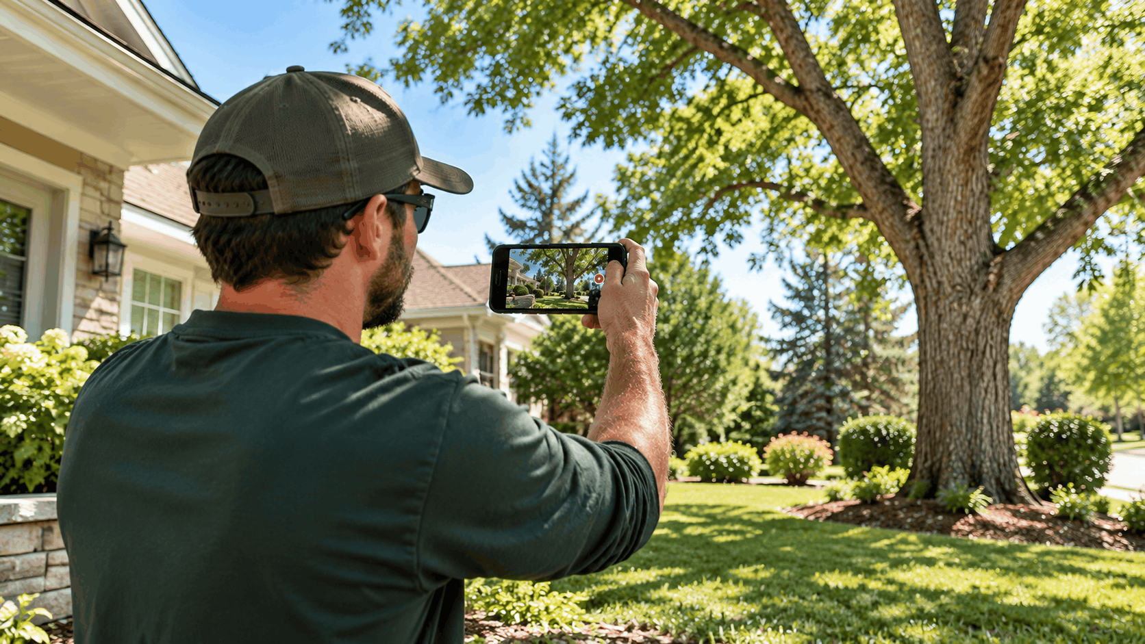 Landscaper photographing healthy front yard trees with smartphone for tree service documentation