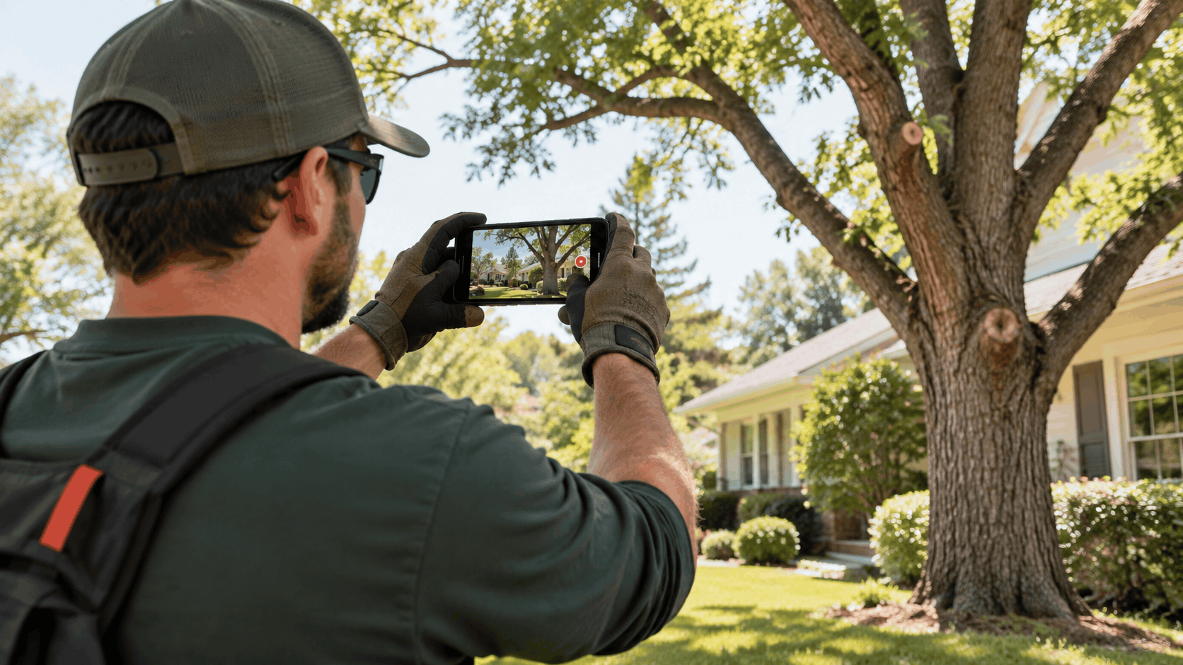 Tree service professional photographing large oak tree in residential yard with smartphone