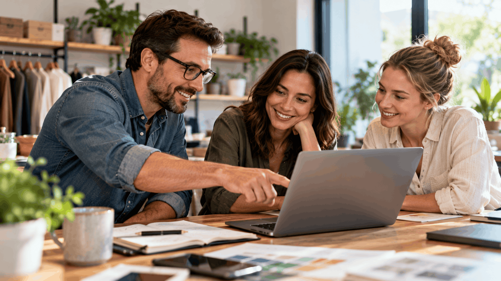 Three small business owners collaborating over laptop in bright boutique workspace